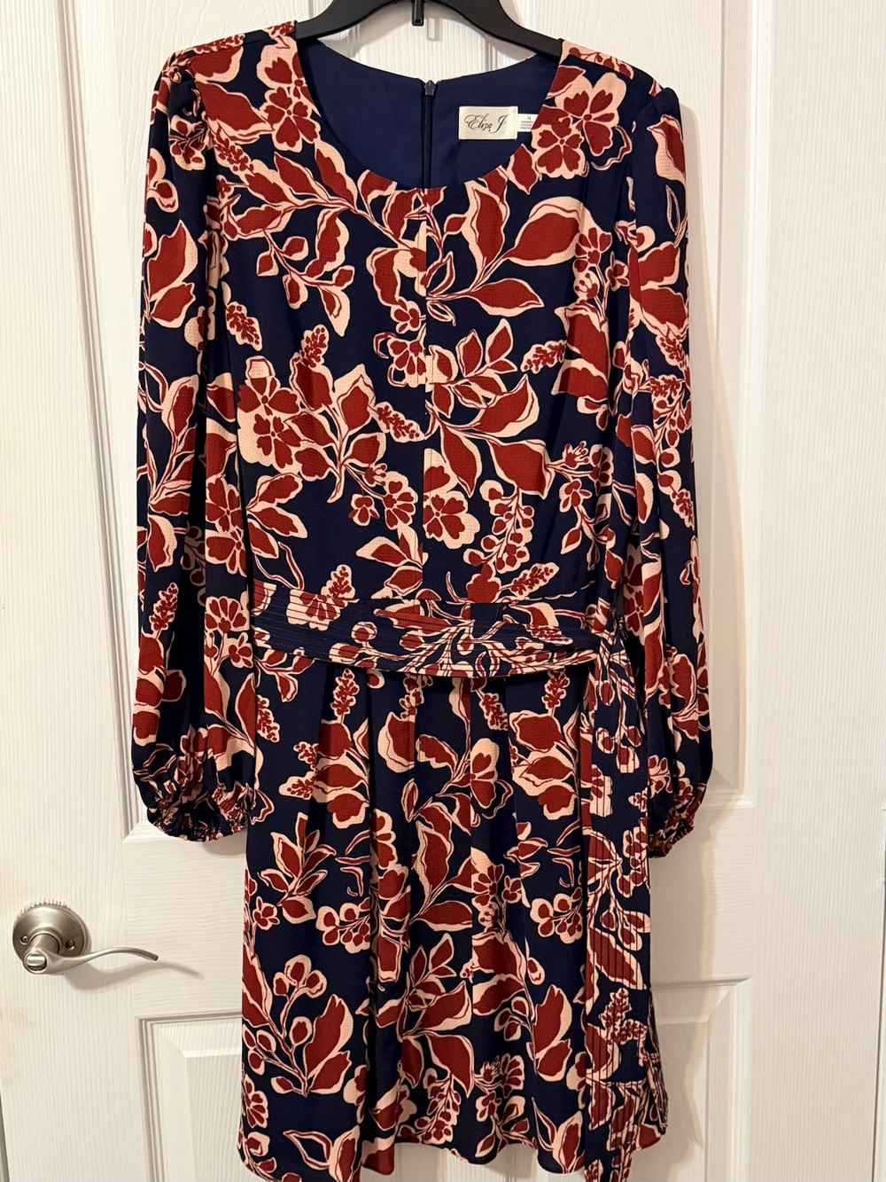 Eliza J Navy Floral Long-Sleeve Belted Dress with Rust Accents